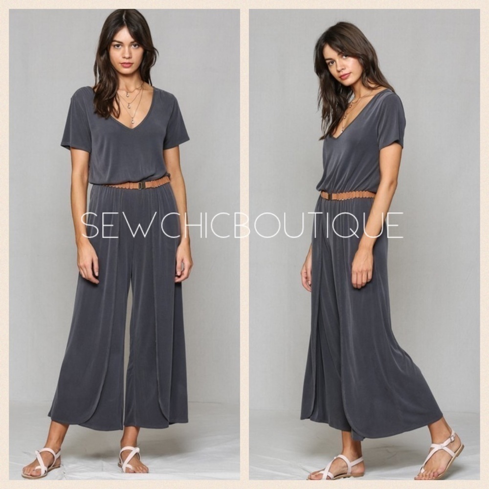 Charcoal Modal Washed Rib Short Slv Jumpsuit